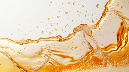 Golden liquid splashing with bubbles on a white background with copy space
