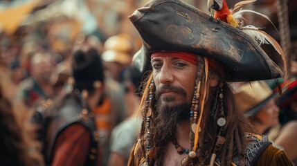 A rugged man donning a pirate's hat and beard stands confidently on the street, exuding a sense of adventure and style with his unique headgear and clothing