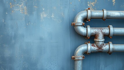 Rusty pipes on a blue wall - obrazy, fototapety, plakaty