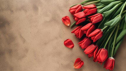 Red tulips on a beige background