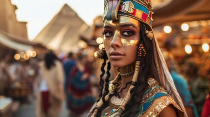 A fashionable woman adorned in traditional carnival attire, with a captivating human face, stands confidently on the street, showcasing her unique fashion accessories and embodying the spirit of outd