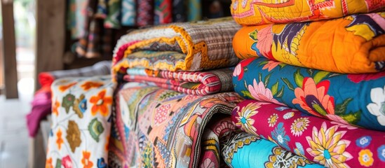 A vibrant pile of colorful blankets sits neatly arranged next to each other.