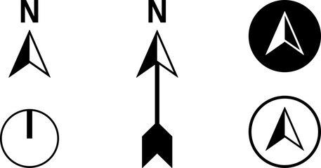 Basic Black and White North Arrow Sign Symbol Icon Set for Map Orientation. Vector Image.
