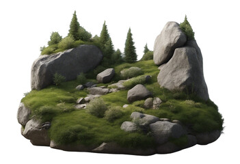 Isolate various rock and grass composition landscape on transparent backgrounds 3d render