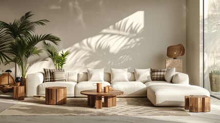 In a modern open space, a stylish interior is adorned with a design modular sofa, complemented by furniture including wooden coffee tables. Plaid and pillows add comfort, while tropical plants 