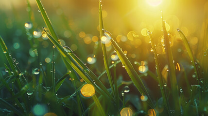 Morning dew on green grass in sunlight.