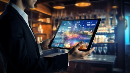 Waiter hand holding an empty digital tablet with Smart city with smart services and icons, internet of things, networks and augmented reality concept , night scene