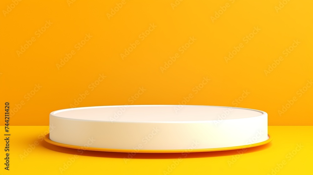 Poster white podium shelf or empty pedestal display on vivid yellow summer background with minimal style. b