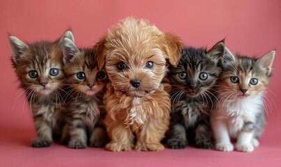 Two best friends, maltese puppy and group scottish kittens, pets concept on pink paper studio