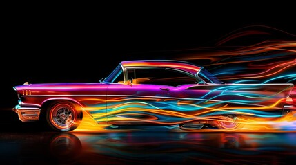 Colorful flaming car on black background. 