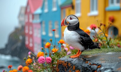 Portrait of a puffin against the background of colored houses in the mountains