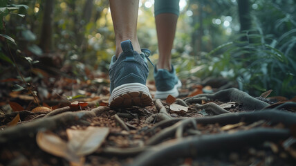 A woman jogging in a forest during autumn.