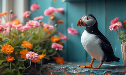 A puffin standing on a blue wooden background with spring flowers