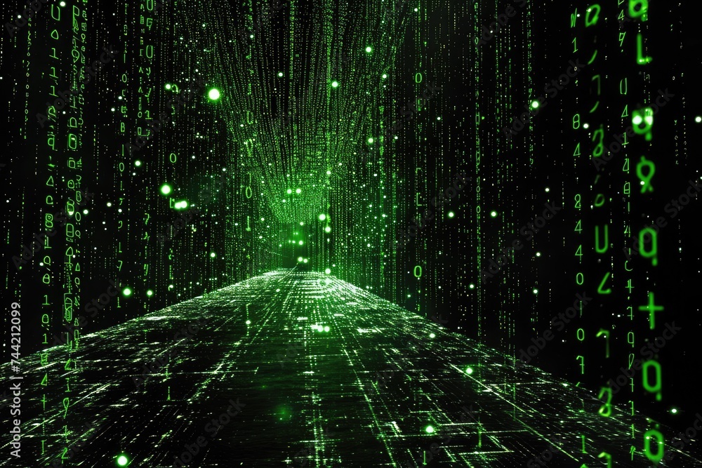 Poster a photo of a tunnel-like image filled with green and black numbers creating a captivating visual dis