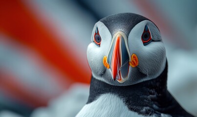 Portrait of Puffin standing on the background of the flag of Iceland, a symbol of Iceland