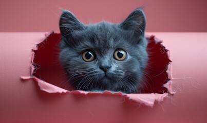 Funny little British gray kitten poking its head through a torn hole in pink paper