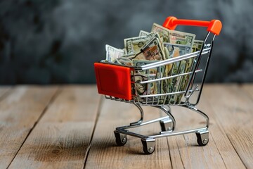 A visual of a shopping cart overflowing with stacks of money, resting on top of a wooden table, Grocery cart overflowing with money to illustrate inflation in the cost of living, AI Generated