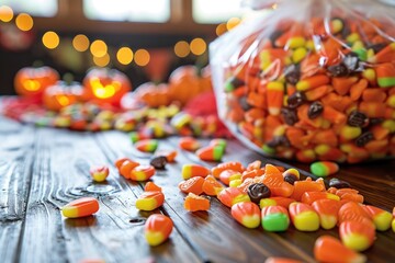 Fototapeta na wymiar A bag filled with candy corn is placed on top of a wooden table, creating a vibrant and festive display, Halloween candy scattered on a table, ready for trick-or-treaters, AI Generated