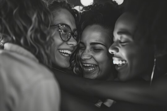 A group of women standing next to each other, posing for a photo, Group of friends huddled together, their faces lit up with joy, AI Generated