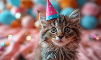 A Funny Kitten among confetti in studio on pink background