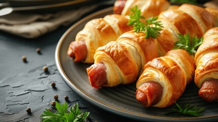 Pigs in blankets on a dark plate