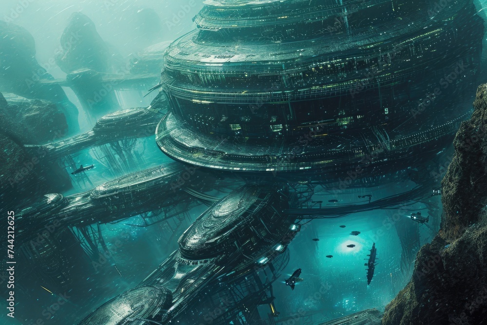 Aufkleber this photo captures a futuristic sci-fi scene featuring repetitive patterns and elements, highly evo
