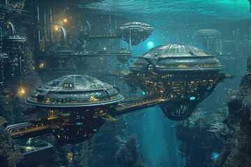 Futuristic Sci-Fi Scene With Multiple Repetitions, Highly evolved underwater alien civilization thriving amidst advanced technological structures, AI Generated - obrazy, fototapety, plakaty