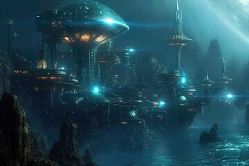 A Futuristic City in the Middle of a Body of Water, Highly evolved underwater alien civilization thriving amidst advanced technological structures, AI Generated - obrazy, fototapety, plakaty