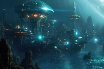 Foto op Canvas A Futuristic City in the Middle of a Body of Water, Highly evolved underwater alien civilization thriving amidst advanced technological structures, AI Generated © Ifti Digital