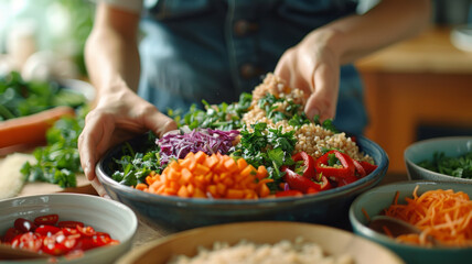 Woman preparing a fresh salad in the kitchen.