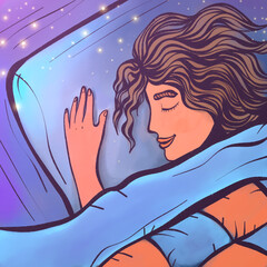 illustration of a woman sleeping under a duvet. good sleep and relaxation - 744212653