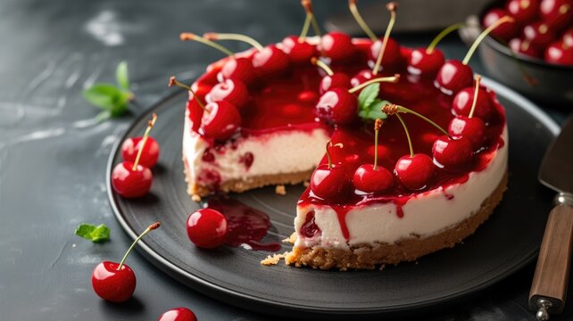 Cheesecake topped with glossy red cherry sauce and whole cherries on a dark plate