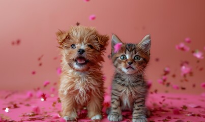 Two friends maltese puppy and kitten among confetti in studio on pink background