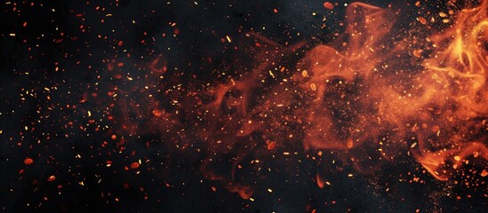 A close-up photograph capturing the intense fire particles and debris, providing a film texture effect, against a black background.