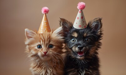 Naklejka premium Two friends, a maltese puppy and a kitten on a birthday party