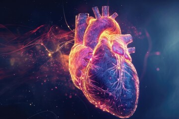 A computer-generated image depicting the anatomical structure and details of a human heart, Holographic visualization of a human heart, AI Generated - obrazy, fototapety, plakaty