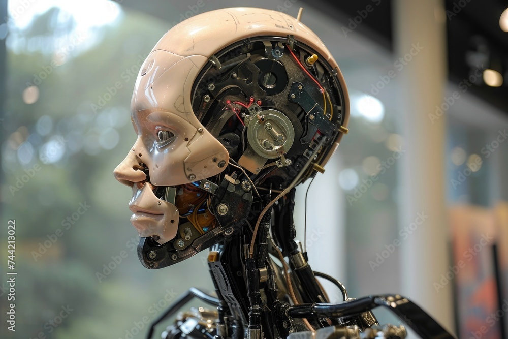Poster a robot head featuring several components attached to it, showcasing its complex design and function