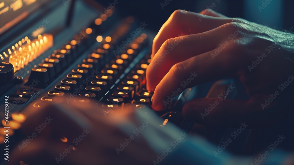 Poster a close-up of a person typing on a backlit keyboard