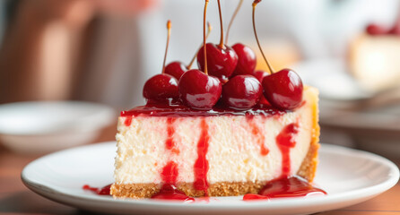 Cheesecake topped with cherries and dripping sauce