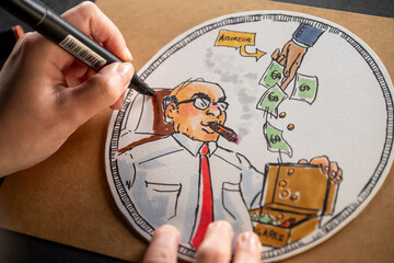 dessin d'un homme riche sur un papier rond avec la main de la dessinatrice