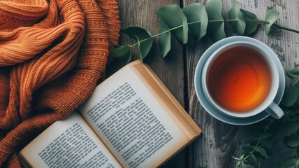 A cozy reading nook with tea, book, and knitwear - obrazy, fototapety, plakaty