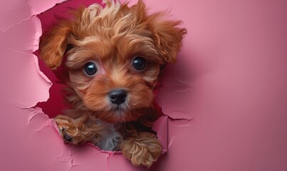 Funny maltipoo puppy punching a hole with his head in pink paper in studio with copy space
