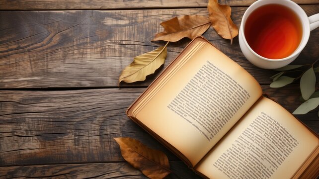 Open book with tea and autumn leaves on a wooden table