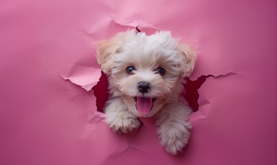 Funny maltipo puppy with tongue sticking out punches a hole with his head in pink paper in studio