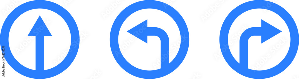 Poster set of blue and white one way only round floor marking sticker icon with direction arrow and text. v
