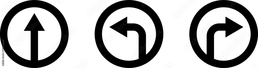 Poster set of black and white one way only round floor marking sticker icon with direction arrow and text. 
