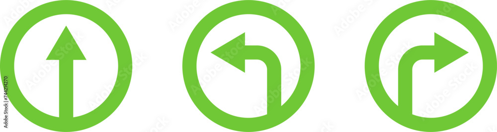 Poster set of green and white one way only round floor marking sticker icon with direction arrow and text. 