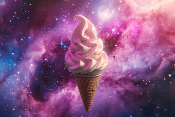 An ice cream cone placed in the center of a space filled with stars, creating a unique and captivating contrast, Ice cream cone floating in space, AI Generated