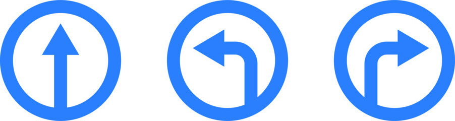 Set of Blue and White One Way Only Round Floor Marking Sticker Icon with Direction Arrow and Text. Vector Image.