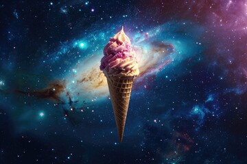 An ice cream cone floats amidst the vast expanse of the galaxy, creating a whimsical juxtaposition between the sweet treat and the cosmic wonder, Ice cream cone floating in space, AI Generated